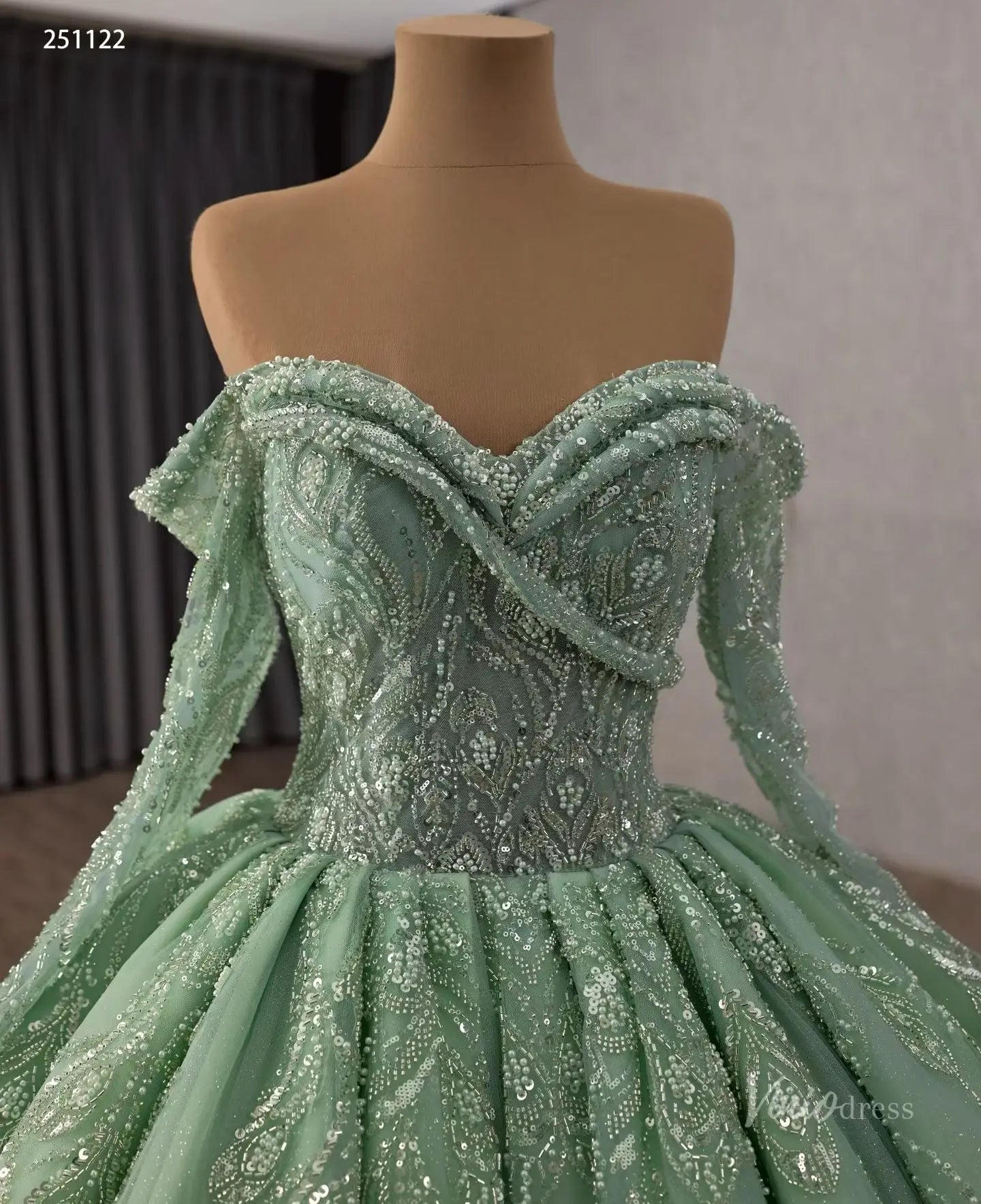 Sage Green Princess Quinceañera Ball Gown with Off-Shoulder Long Sleeves, Allover Beading & Cathedral Train – 251122-Quinceanera Dresses 2026-Viniodress-Sage Green-Custom Size – Add Measurements in Cart-