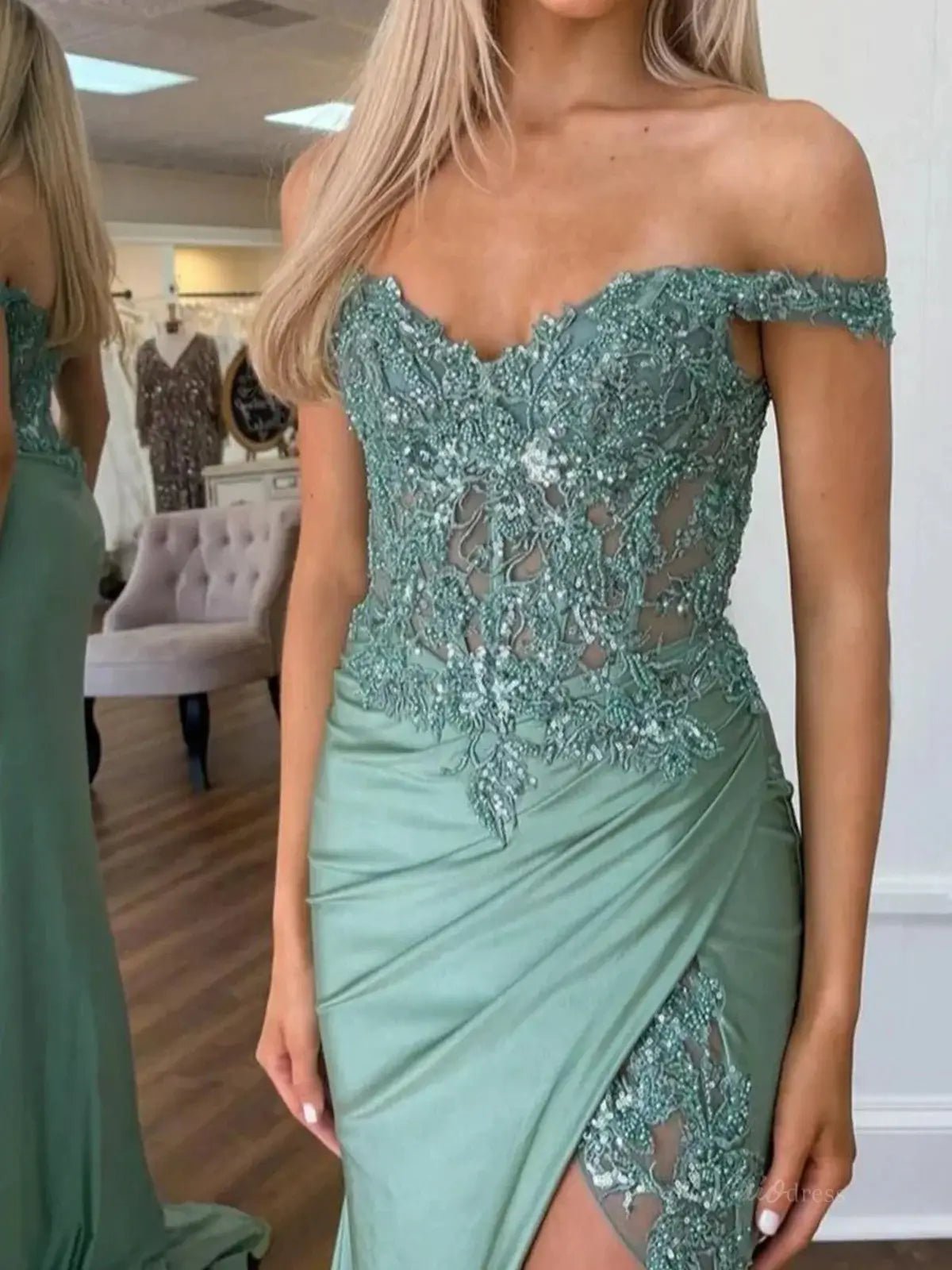 Sage Green Satin Mermaid Prom Dress 2025 with Slit & Lace Sheer Bodice – FD5046-prom dresses 2025 -Viniodress-Green-Custom Size-
