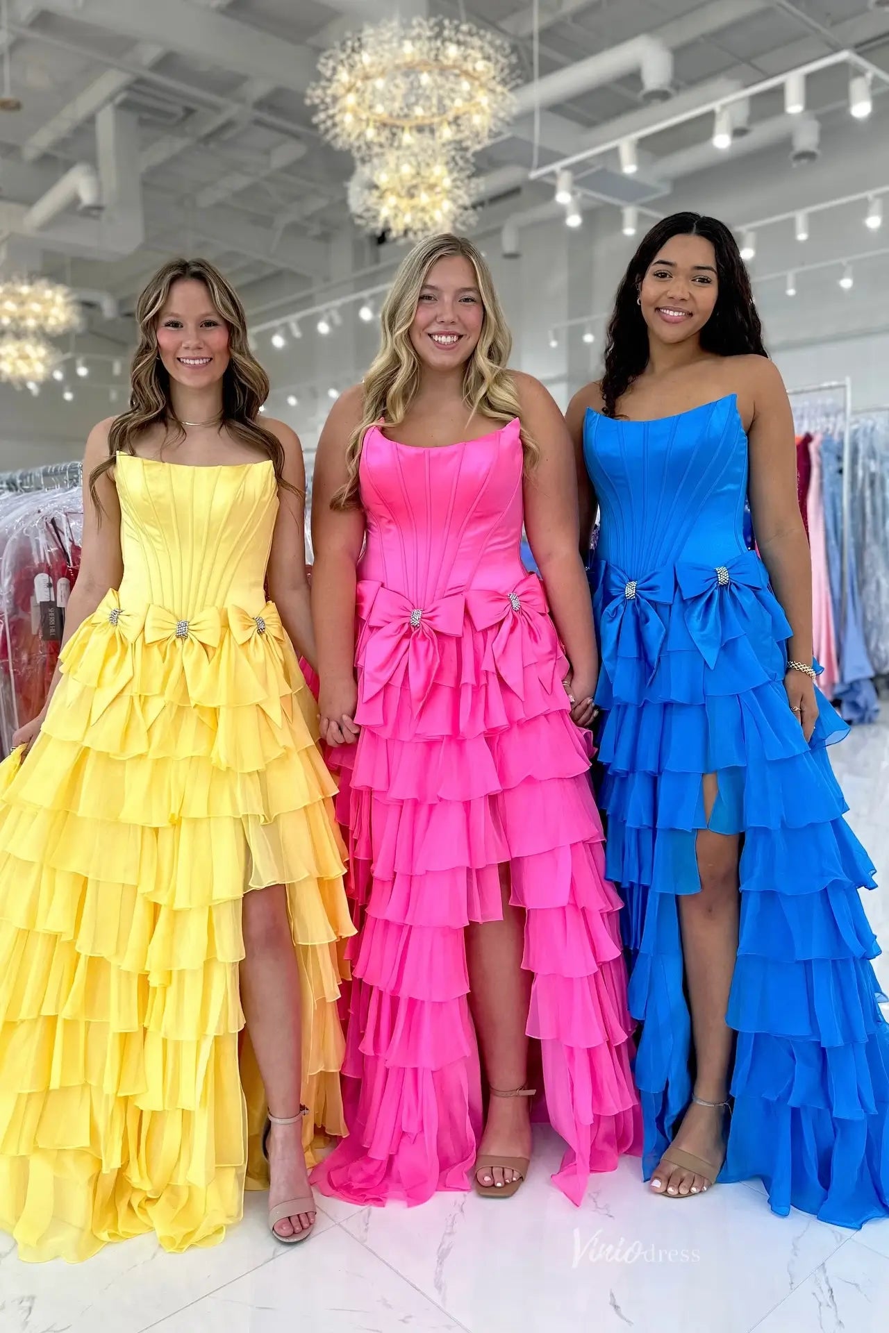 Satin Corset Prom Dress with High Slit Chiffon Ruffle Skirt & Bows RF305-prom dresses 2026-Viniodress-Aqua-Custom Size-