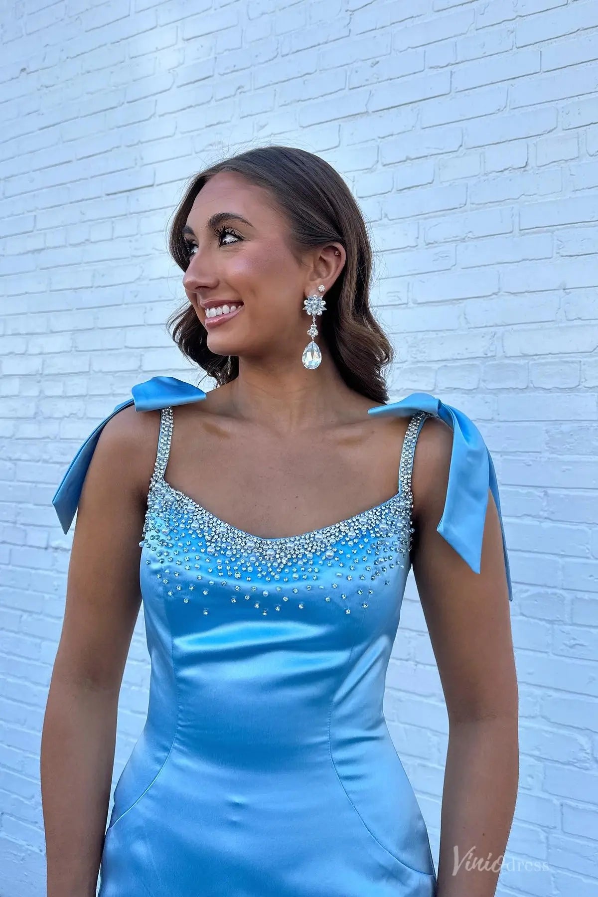 Light Blue Satin Mermaid Prom Dress with Beaded Neckline, Bow Straps & Flared Train – SS191-prom dresses 2026-Viniodress-Light Blue-Custom Size-