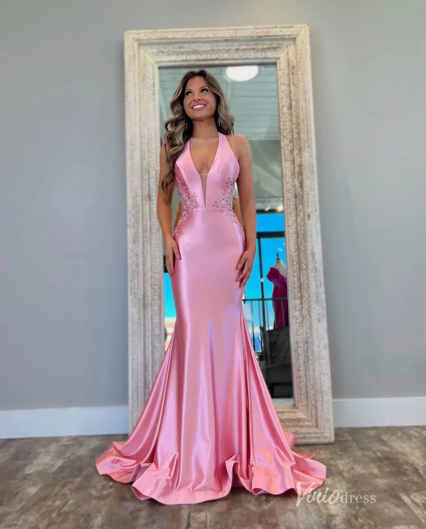 Satin Mermaid Prom Dress with Plunging Halter Neck and Sheer Lace Back – FD5197-prom dresses 2025 -Viniodress-Pink-Custom Size-