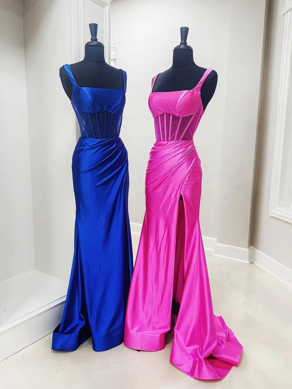 Satin Mermaid Prom Dress with Square Neck, Sheer Boned Bodice & Slit Satin Mermaid Prom Dress with Square Neck, Sheer Boned Bodice & Slit