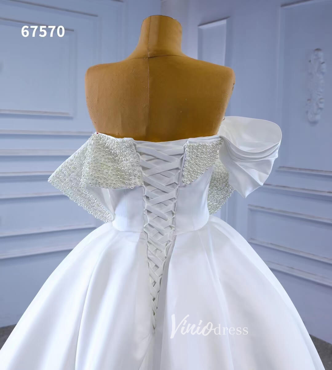 Satin Overskirt Pearl Wedding Dresses Off the Shoulder Bridal Gown 67570-wedding dresses 2025 -Viniodress-Ivory-Custom Size-