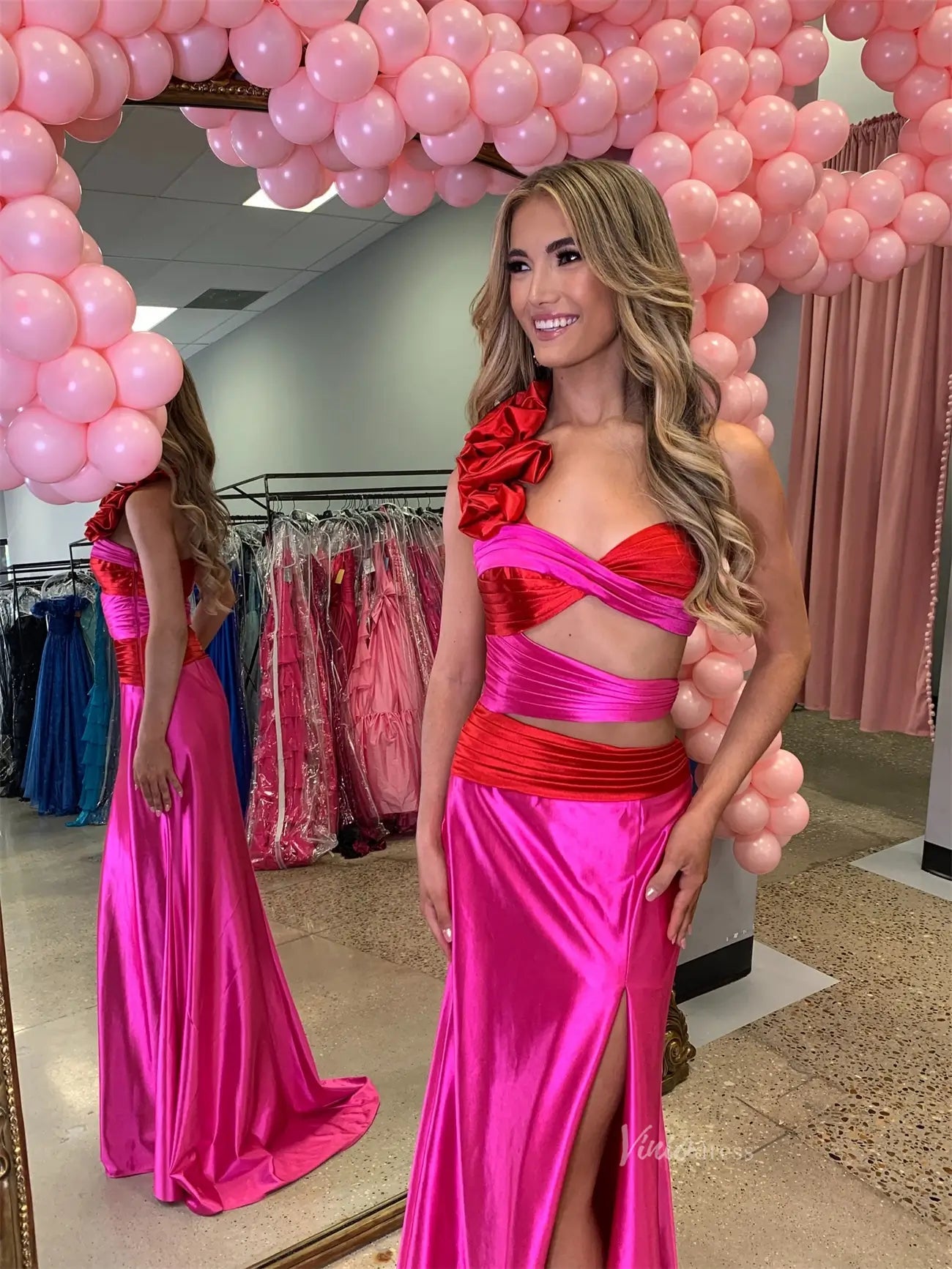 Satin Sheath Prom Dresses with Slit, Ruffled One Shoulder & Crossed Bodice - FD6040-prom dresses 2025 -Viniodress-Red-Custom Size-