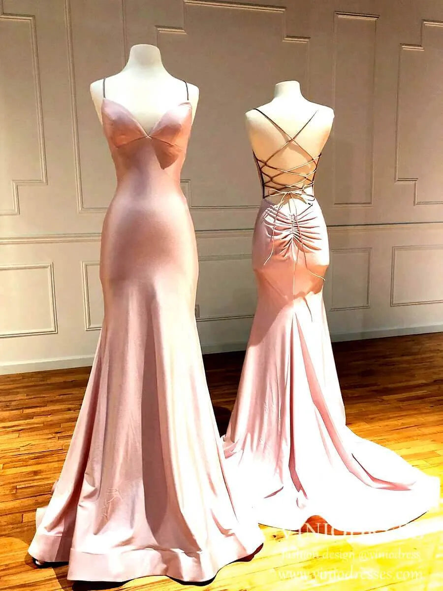 Sexy Lace Up Back Mermaid Satin Prom Dresses V Neck Blush Formal Dress FD2048-prom dresses 2025 -Viniodress-As Picture-Custom Size-