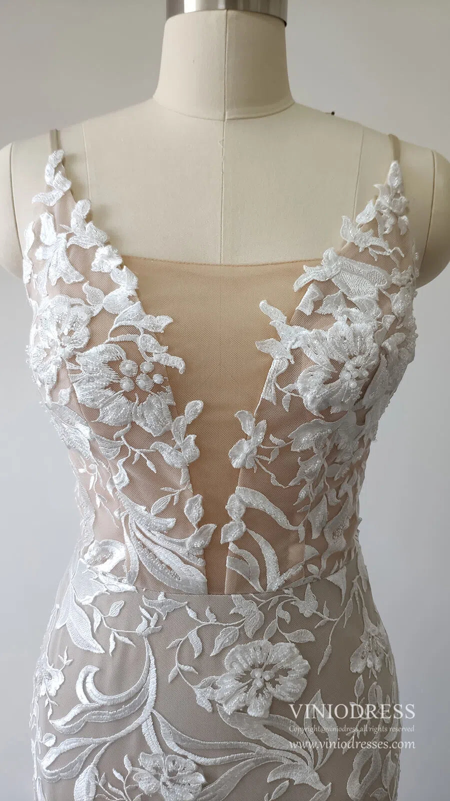 Sexy Mermaid Lace Wedding Dresses Deep V Neck Boho Wedding Dress VW1455-wedding dresses 2025 -Viniodress-Nude-Custom Size-