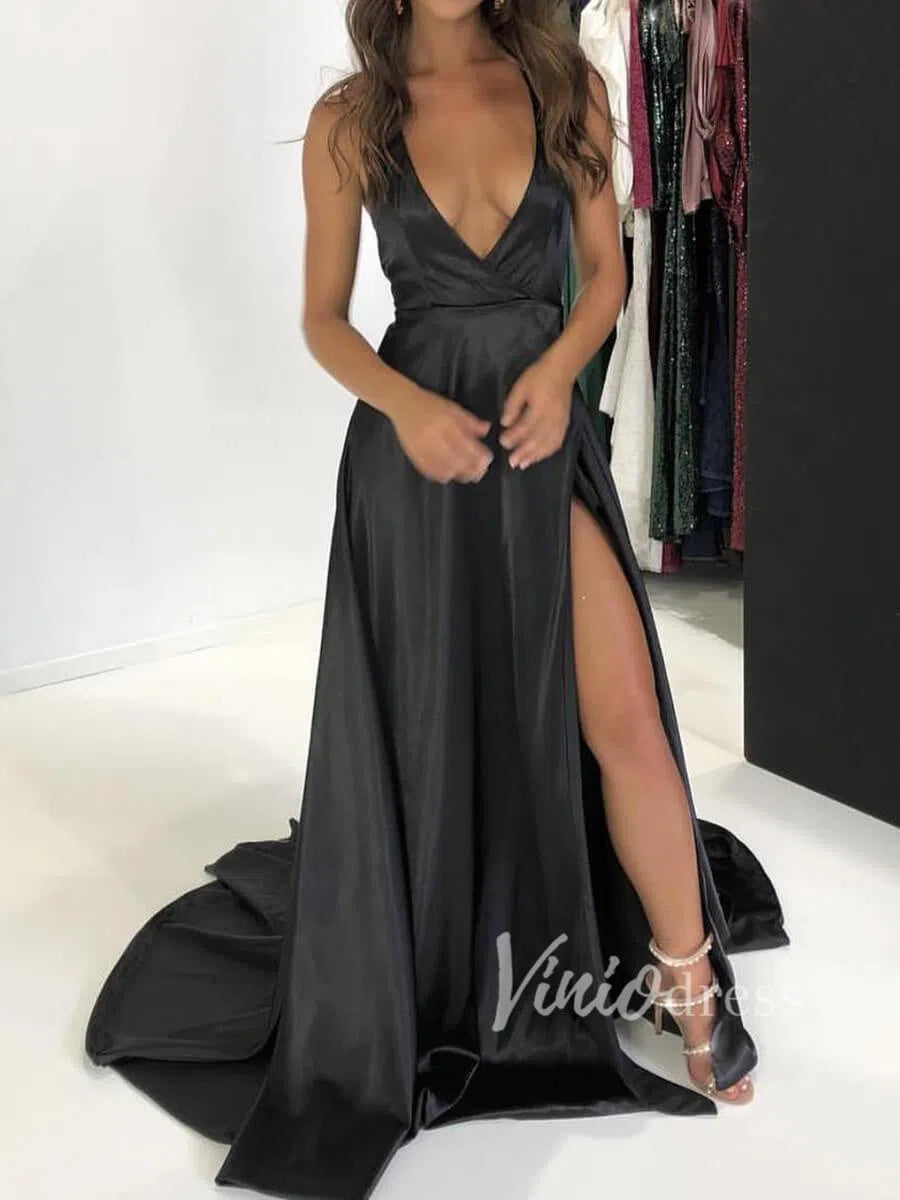 Sexy Spaghetti Strap V Neck Satin Prom Dresses with Slit FD1366-prom dresses 2025 -Viniodress-Black-US 2-