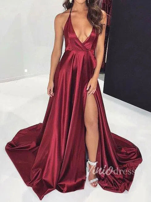 Sexy Spaghetti Strap V Neck Satin Prom Dresses with Slit FD1366  Viniodress