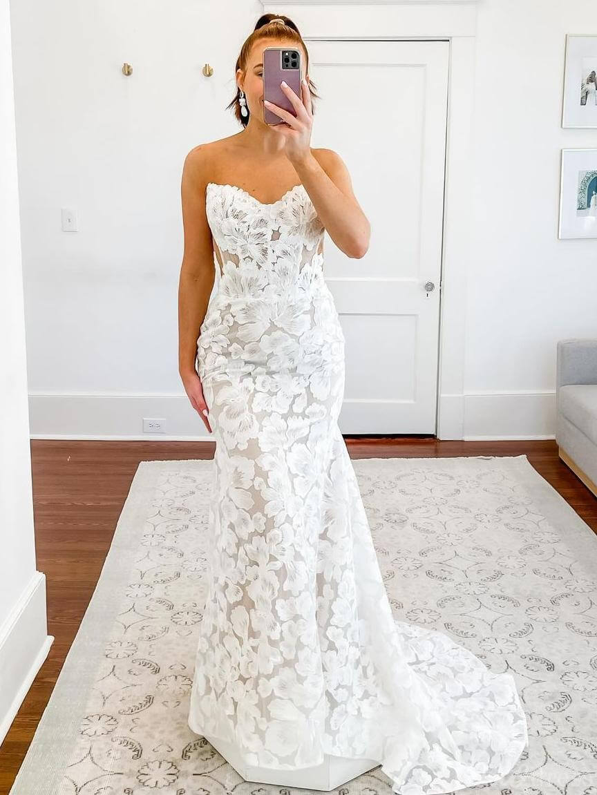 Sheath Floral Lace Boho Wedding Dresses Strapless TS001B-wedding dresses 2025 -Viniodress-Nude-Custom Size-