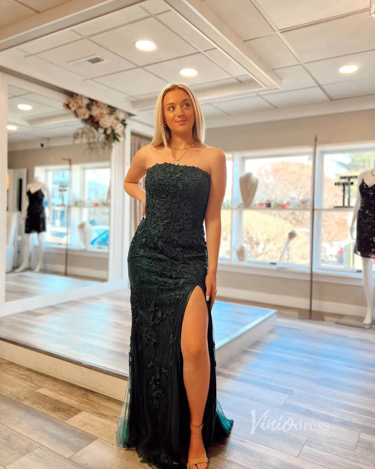 strapless open back dress Sheath Lace Appliqued Long Prom Dresses with Slit FD1250B Strapless, l –  Viniodress
