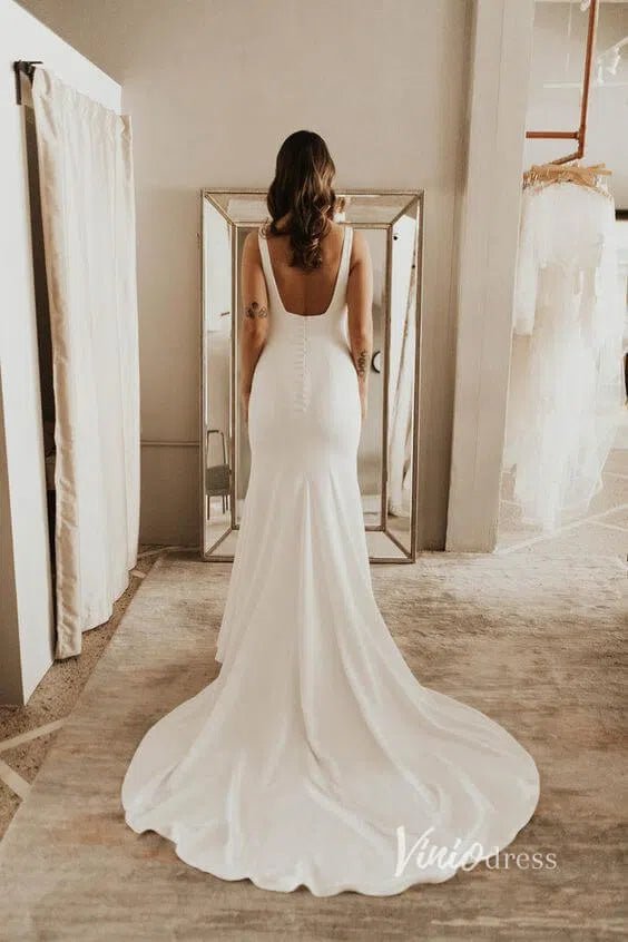 Sheath Modern Satin Wedding Dresses Square Neck Bridal Gown VW2152-wedding dresses 2025 -Viniodress-Ivory-Custom Size-
