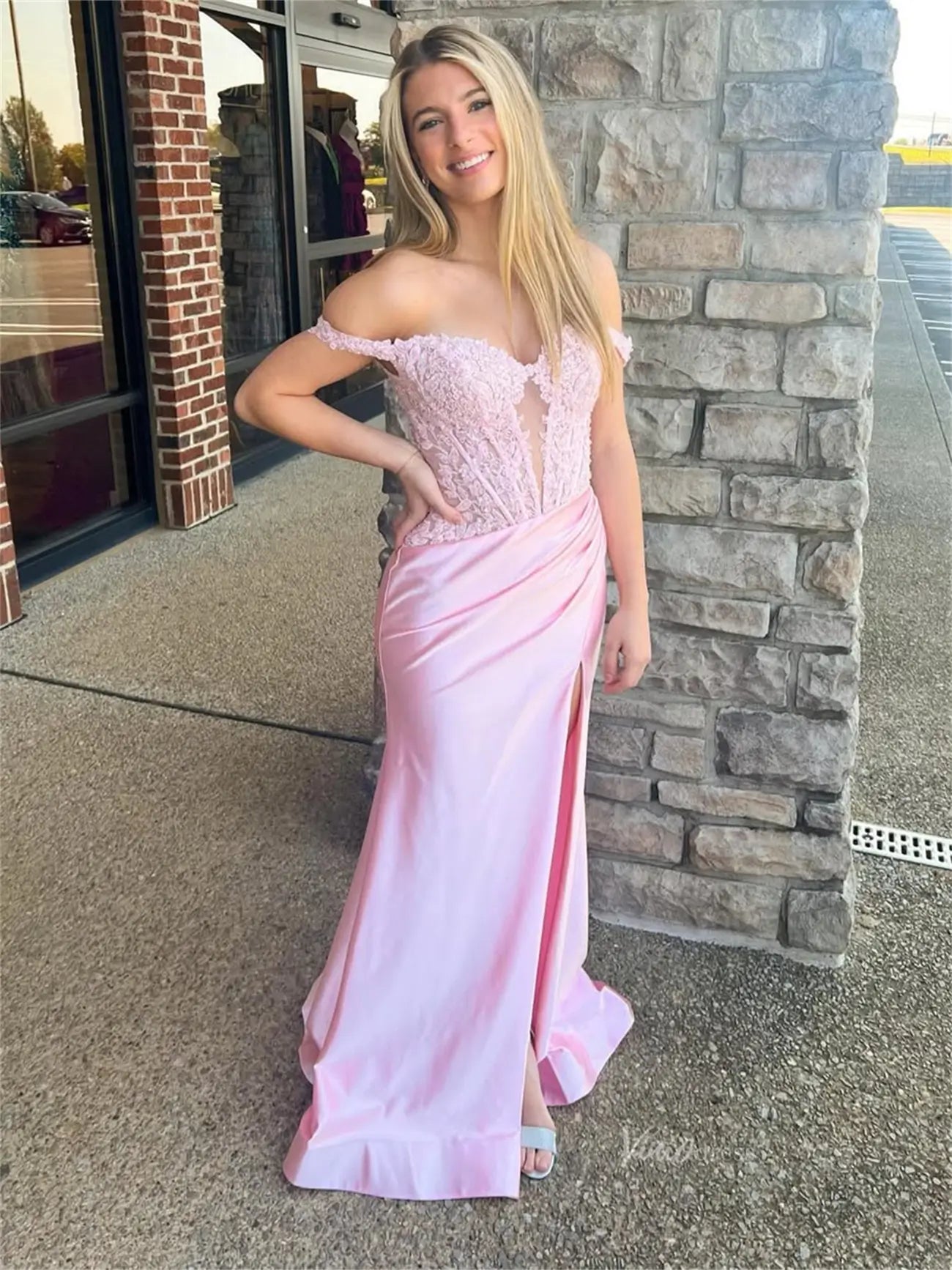 Sheath Pink Satin Prom Dresses 2025 with Slit, Lace Bodice & Off the Shoulder - FD6014-prom dresses 2025 -Viniodress-Pink-Custom Size-