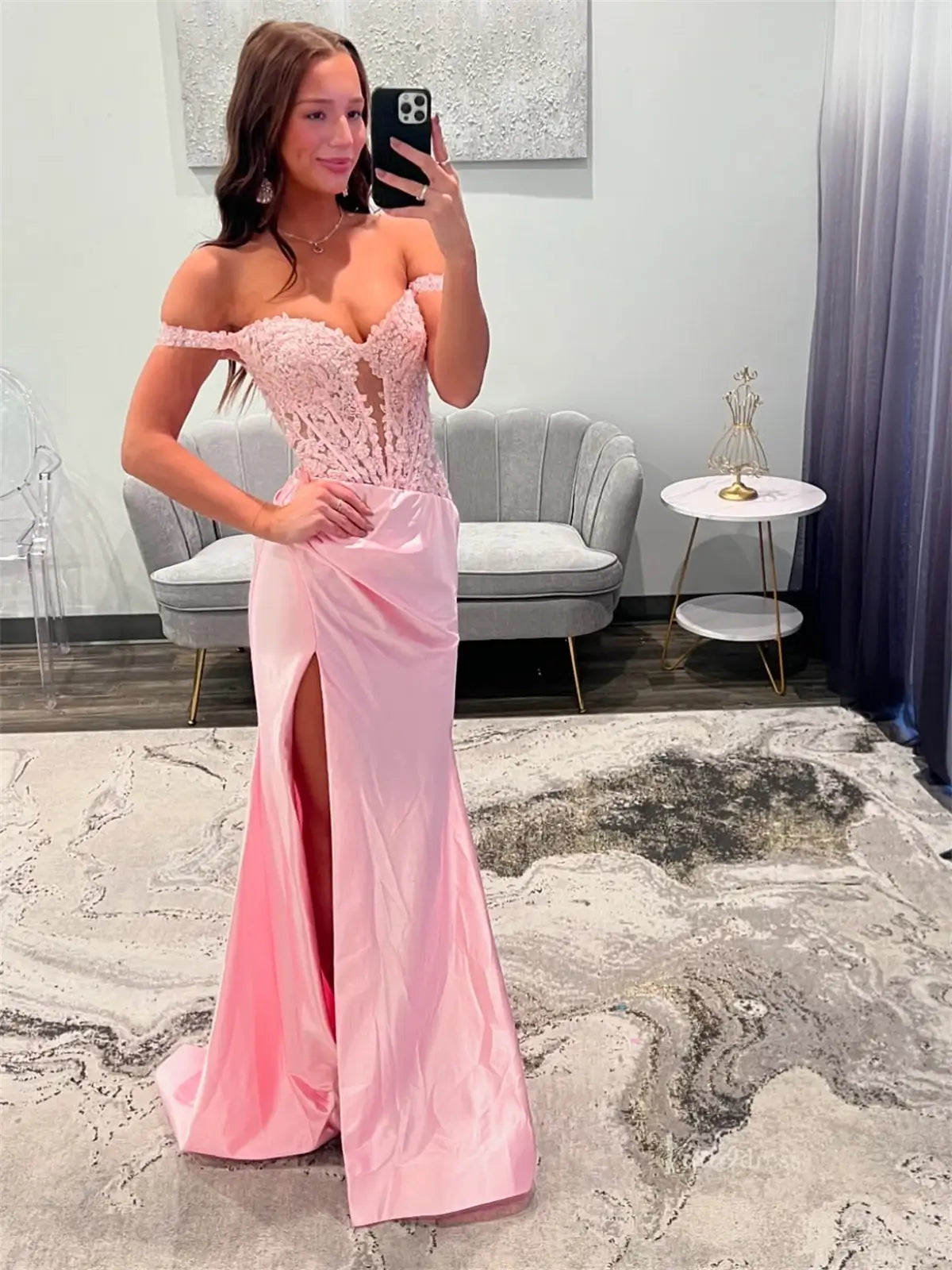 Sheath Pink Satin Prom Dresses 2025 with Slit, Lace Bodice & Off the S Viniodress Sheath Pink Satin Prom Dresses 2025 with Slit, Lace Bodice & Off the S Viniodress
