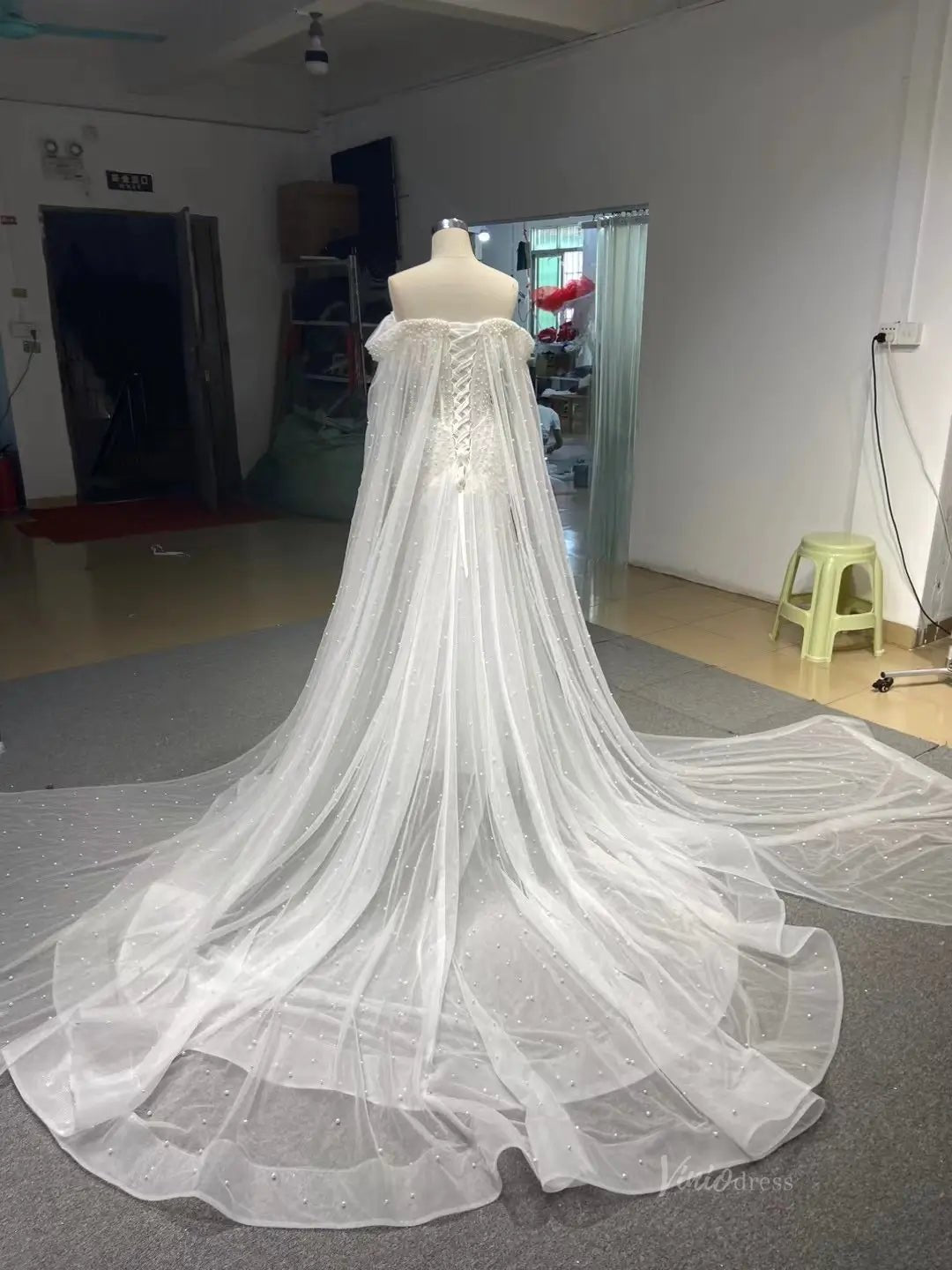 Sheer Pearl Wedding Dresses Cape Sleeves 67544-wedding dresses 2025 -Viniodress-Champagne-Custom Size-