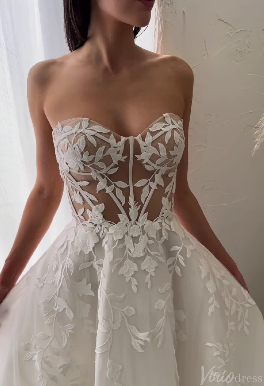 Sheer Strapless Lace Applique Wedding Dresses Chapel Train Country Bridal Gown AW1030-wedding dresses 2025 -Viniodress-Ivory-Custom Size-