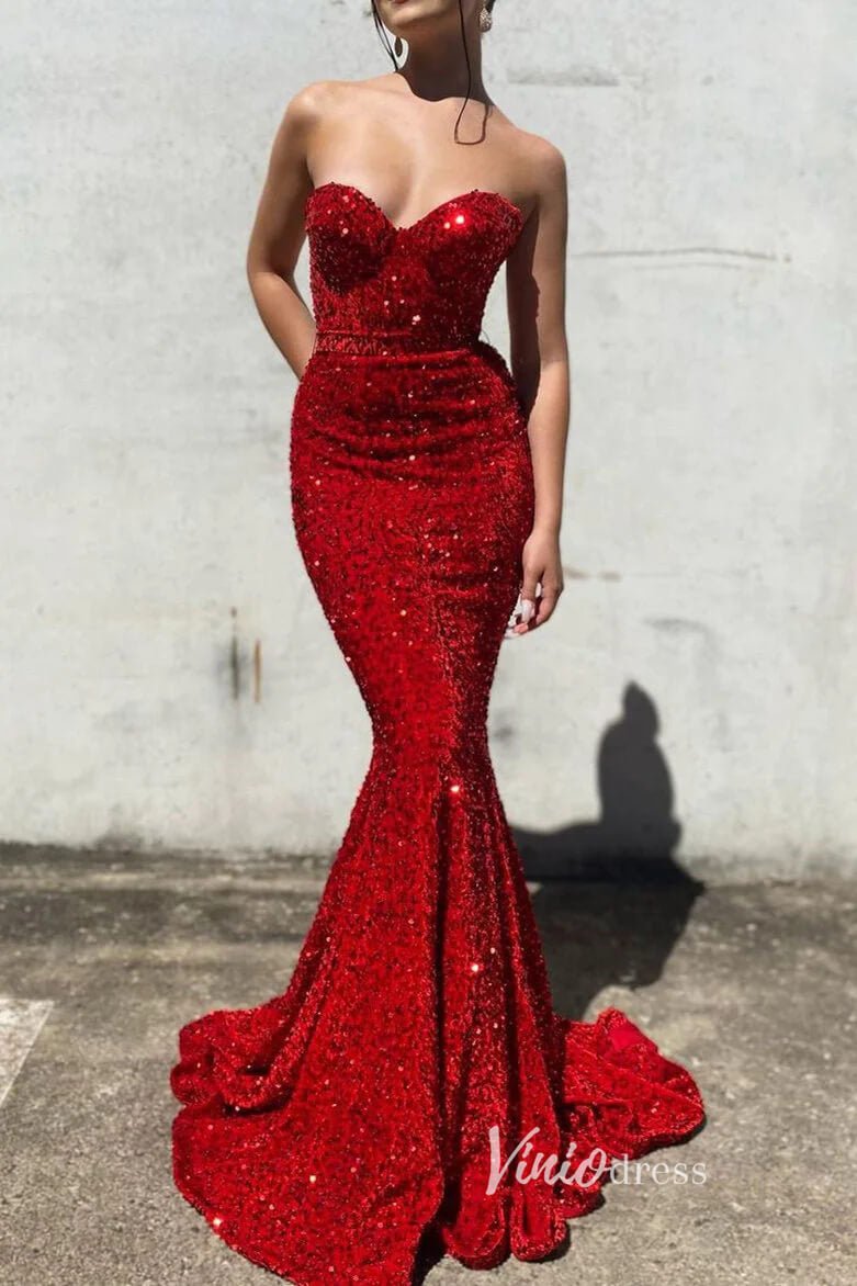 Shimmer Red Sequin Prom Dresses Mermaid Strapless Evening Dress FD3311 –  Viniodress