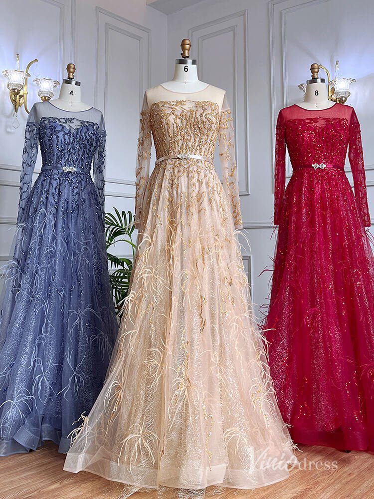 Shimmering Beaded Long Sleeve Evening Dresses with Feathers A-Line For –  Viniodress