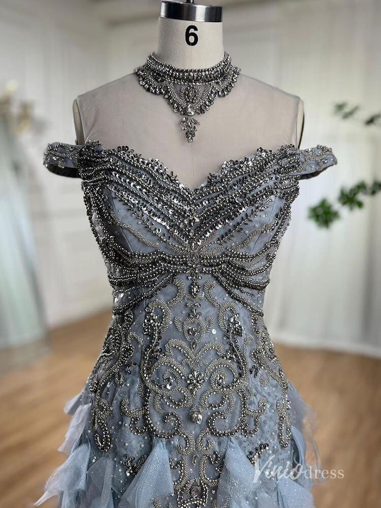 Shimmering Beaded Tiered Evening Dresses Mermaid High Neck Pageant Dress AD1141-Evening Dresses 2025 -Viniodress-Silver-US 2-