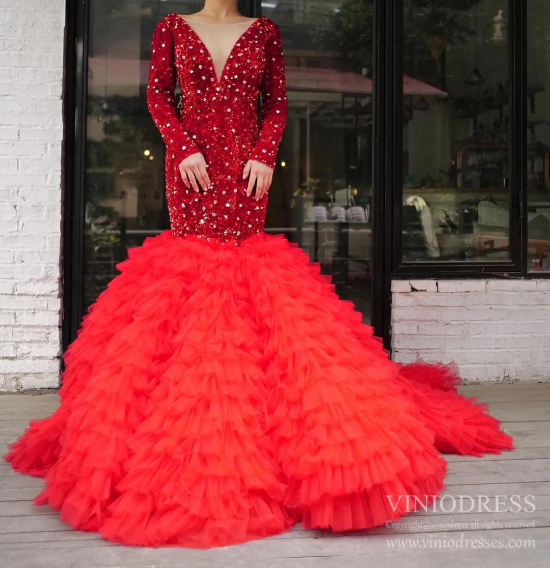 Shimmering Dark Red Mermaid Wedding Dresses Long Sleeve Pageant Dress FD1986-prom dresses 2025 -Viniodress-Red-Custom Size-