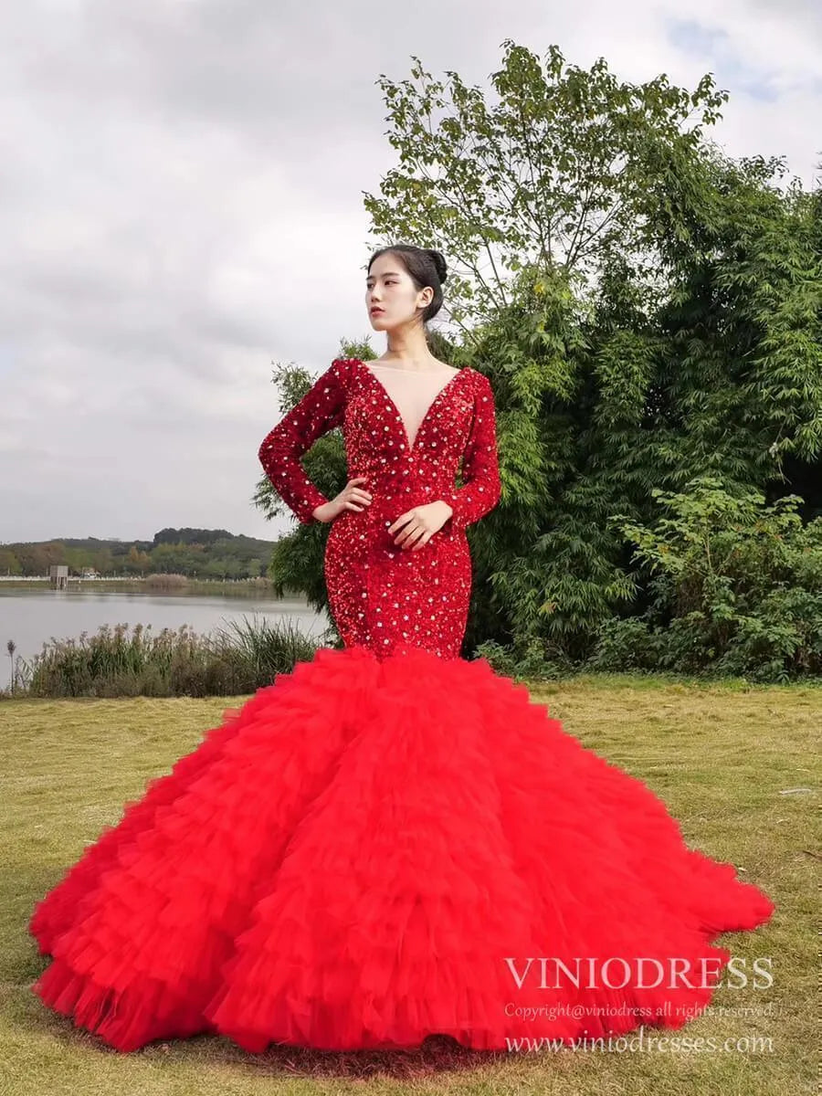 Shimmering Dark Red Mermaid Wedding Dresses Long Sleeve Pageant Dress Viniodress Shimmering Dark Red Mermaid Wedding Dresses Long Sleeve Pageant Dress Viniodress