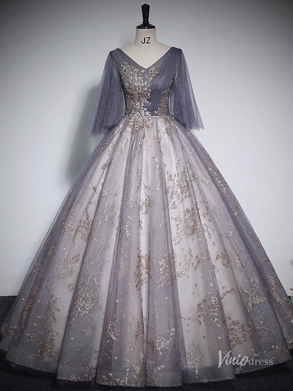 Shimmering Lace Short Sleeve Prom Ball Gown V-Neck Quinceanera Dresses BG060-prom dresses 2025 -Viniodress-Purple-Custom Size-