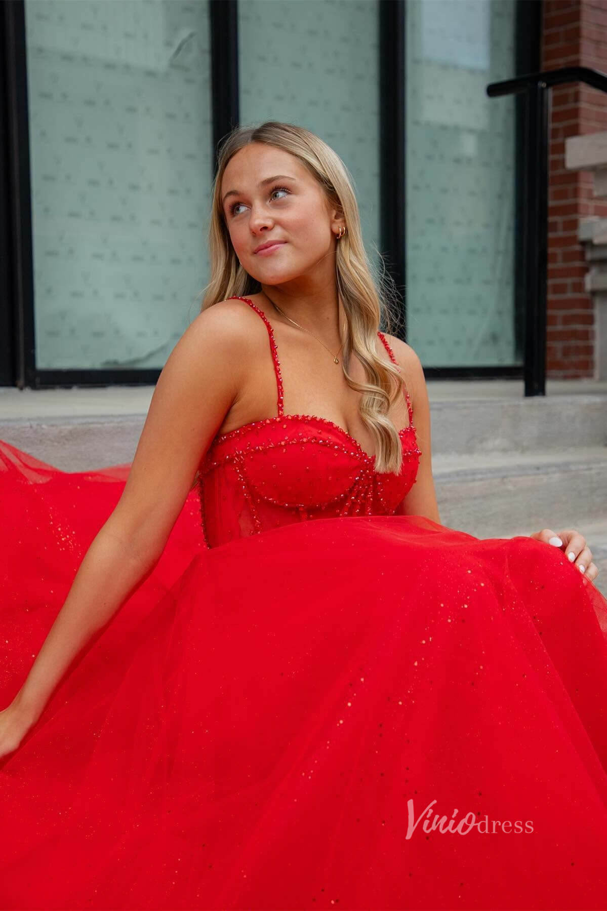 Shimmering Red Spaghetti Strap Prom Dresses with Slit Sheer Beaded Boned Bodice FD4043-prom dresses 2025 -Viniodress-Red-Custom Size-
