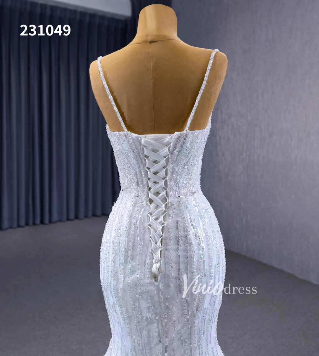 Shimmering Sequin Mermiad Wedding Dresses with Detachable Train and Spaghetti Strap 231049-wedding dresses 2025 -Viniodress-Ivory-Custom Size-