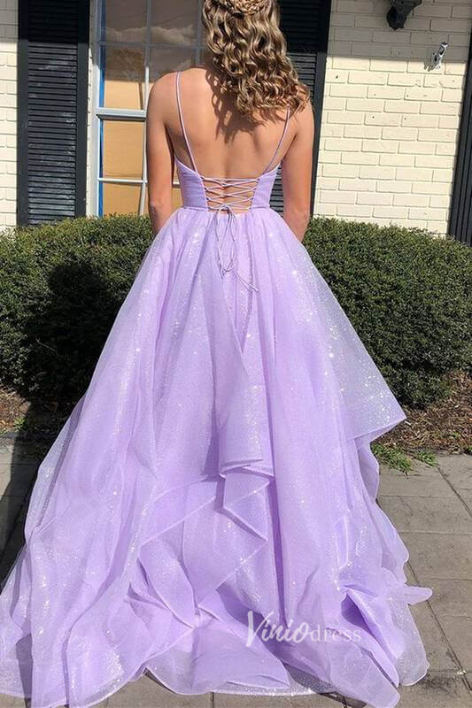 Shiny Lilac Long Prom Dresses Tiered Formal Dress with Strap FD2954-prom dresses 2025 -Viniodress-Lilac-Custom Size-