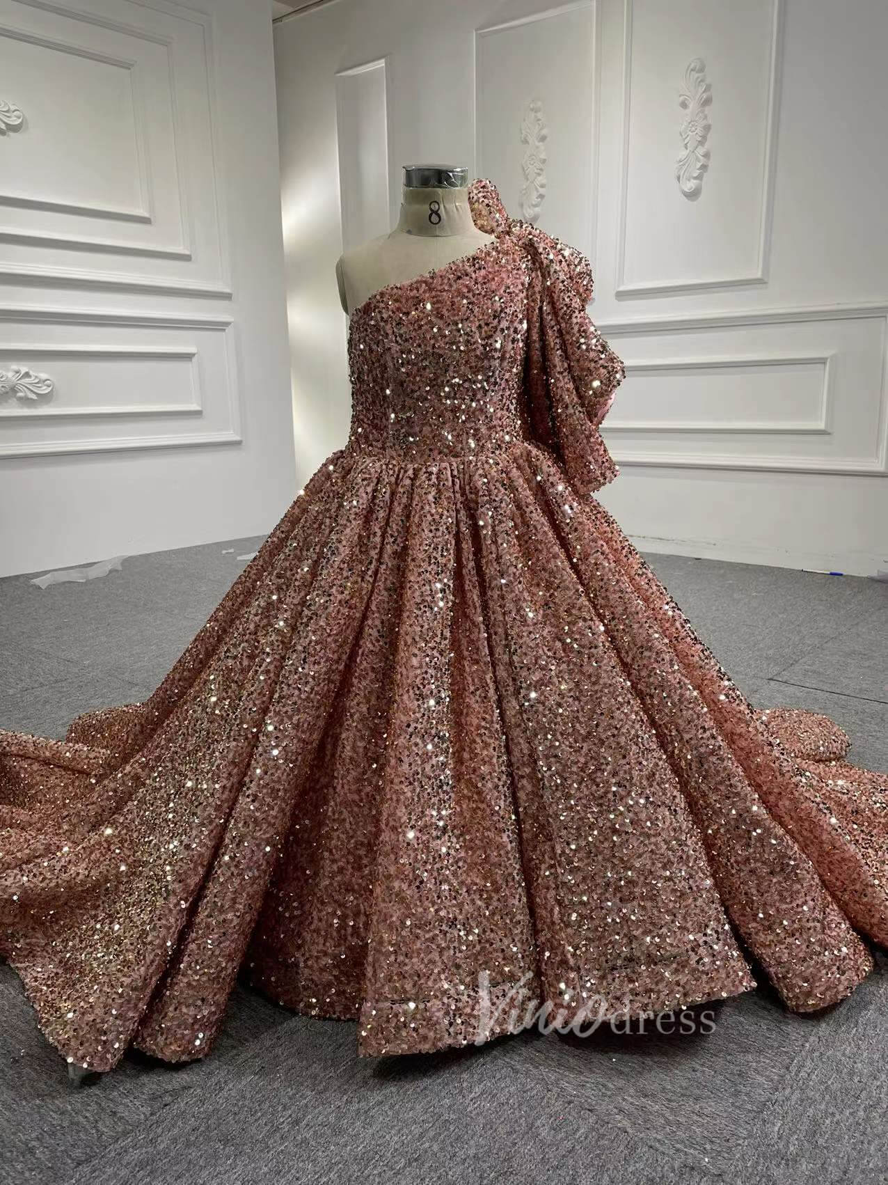 Shiny Rose Gold Girl's Pageant Dress One Shoulder Ball Gown FD2396C Viniodress Shiny Rose Gold Girl's Pageant Dress One Shoulder Ball Gown FD2396C Viniodress