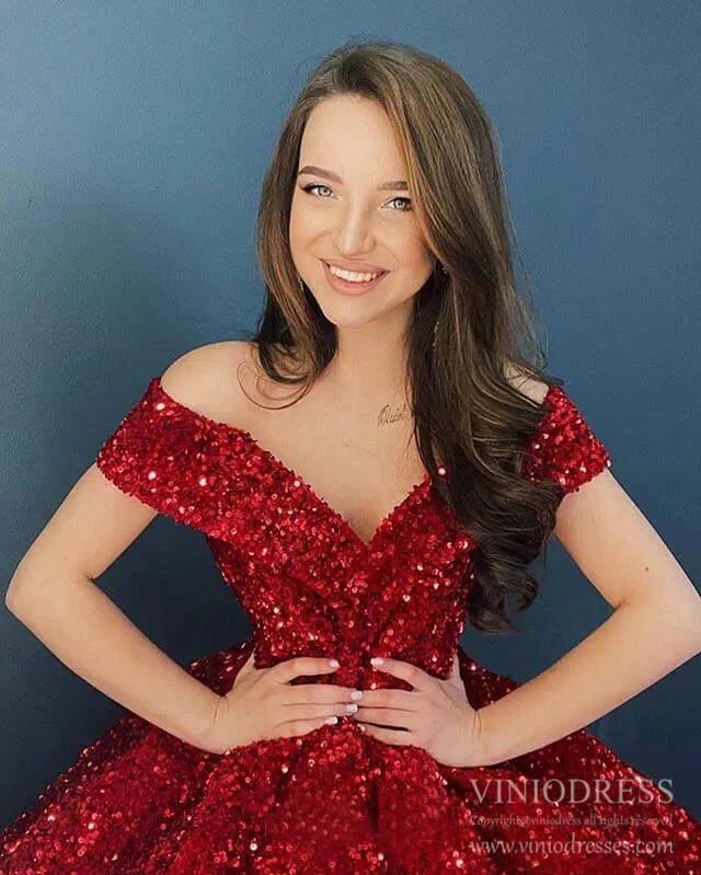 Shiny Sweet 16 Sequin Gowns Off the Shoulder Debutante Ball & Quinceanera Dresses 66991 viniodress-Quinceanera Dresses 2025 -Viniodress-Burgundy-Custom Size-