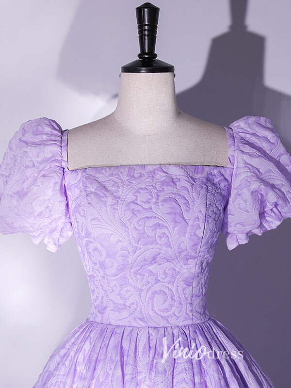 Short Puff Sleeve Lilac Jacquard Prom Dresses Square Neck Ball Gowns FD2462-prom dresses 2025 -Viniodress-Lilac-Custom Size-