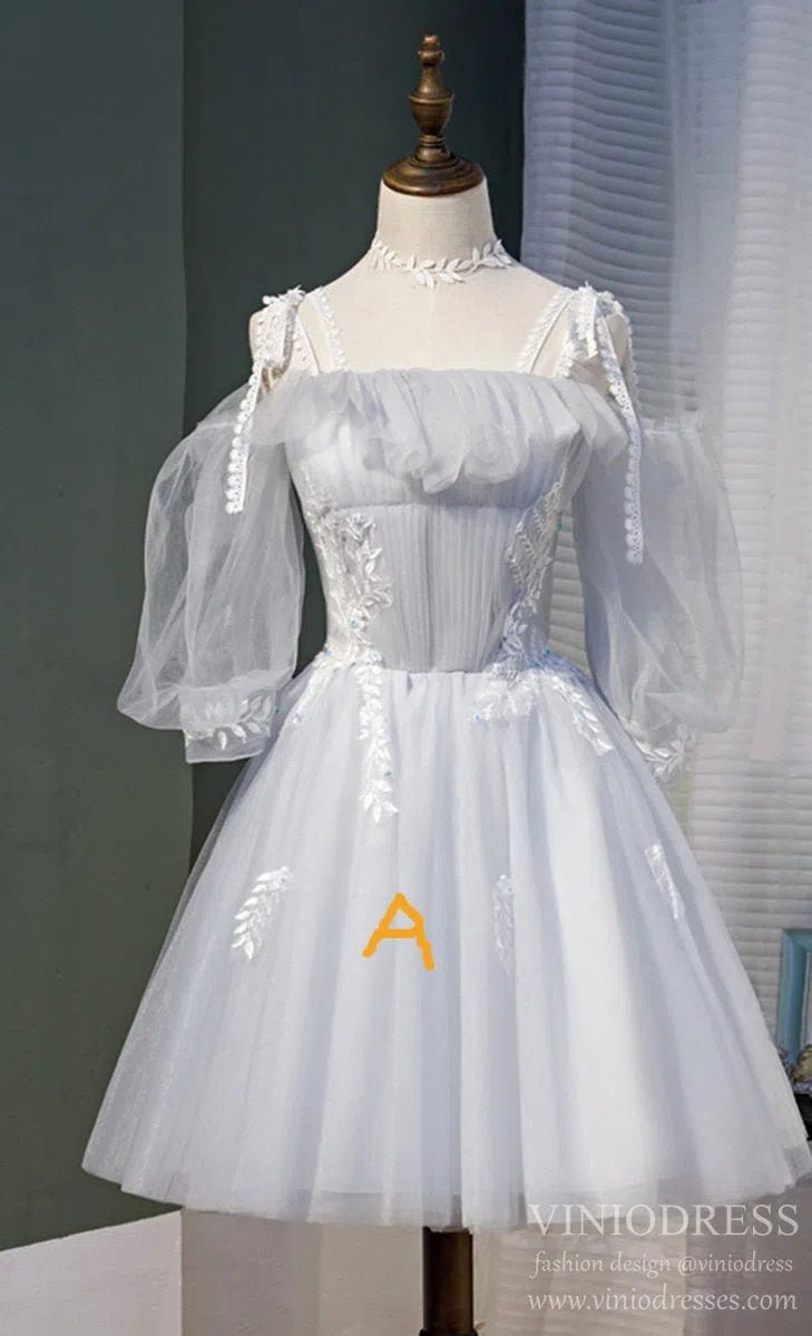 Short Silver Tulle Homecoming Dresses with Sleeves SD1365 – Viniodress Short Silver Tulle Homecoming Dresses with Sleeves SD1365 – Viniodress