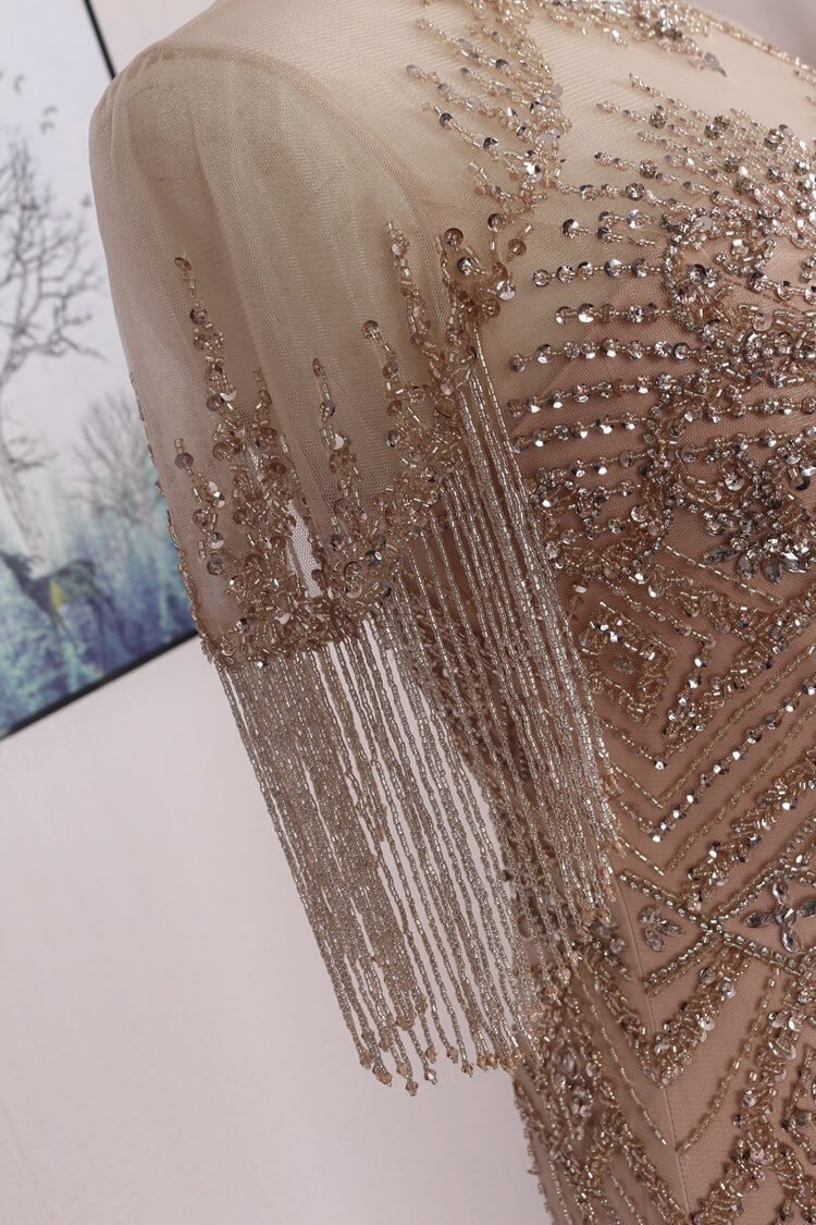 Short Sleeve Beaded Prom Dresses Vintage Long Evening Dress FD2480-Evening Dresses 2025 -Viniodress-Taupe-US 2-