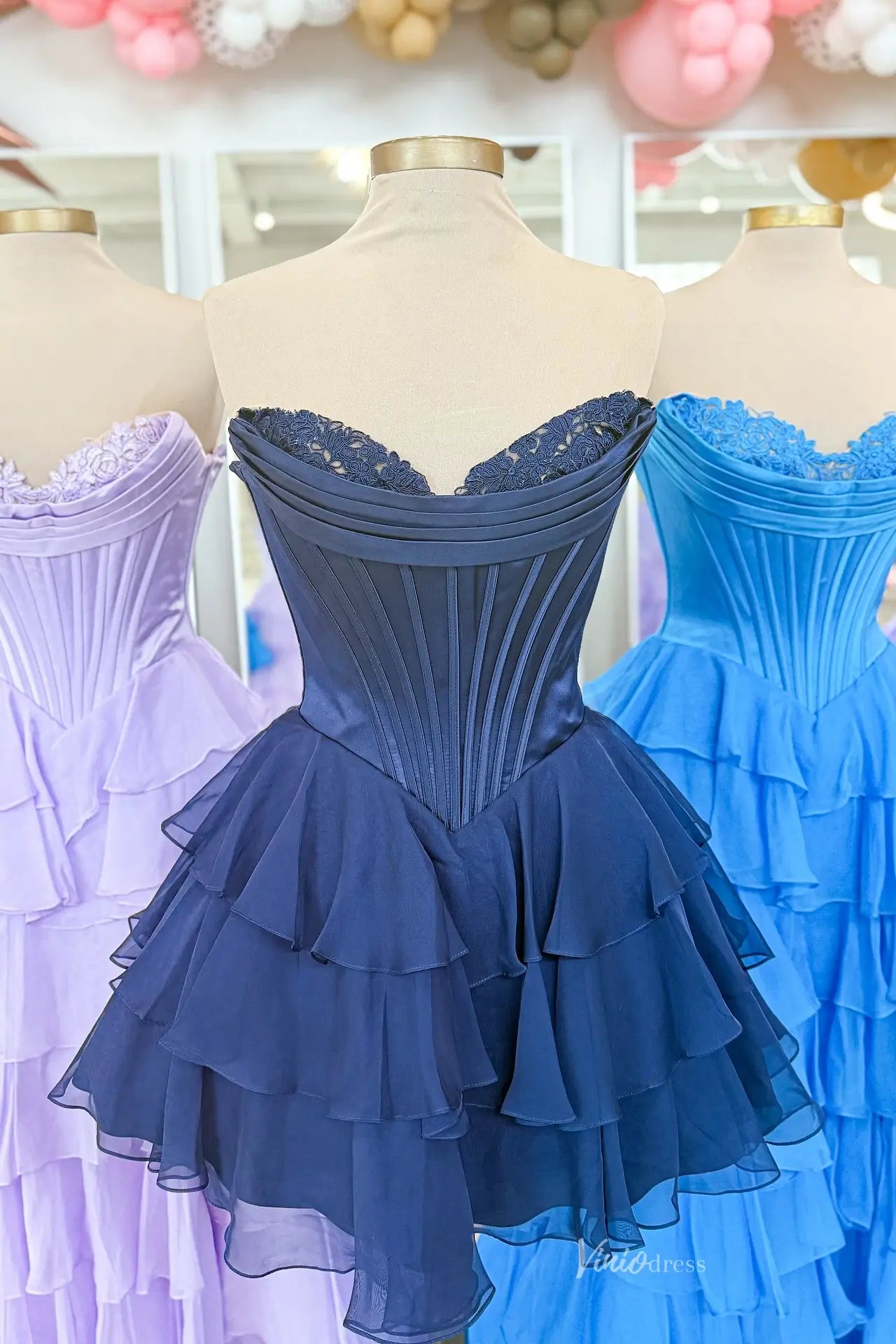 Short Strapless Tiered Chiffon Prom Dresses with Corset Bodice RF301-Homecoming Dresses 2026-Viniodress-Blue-Short-Custom Size