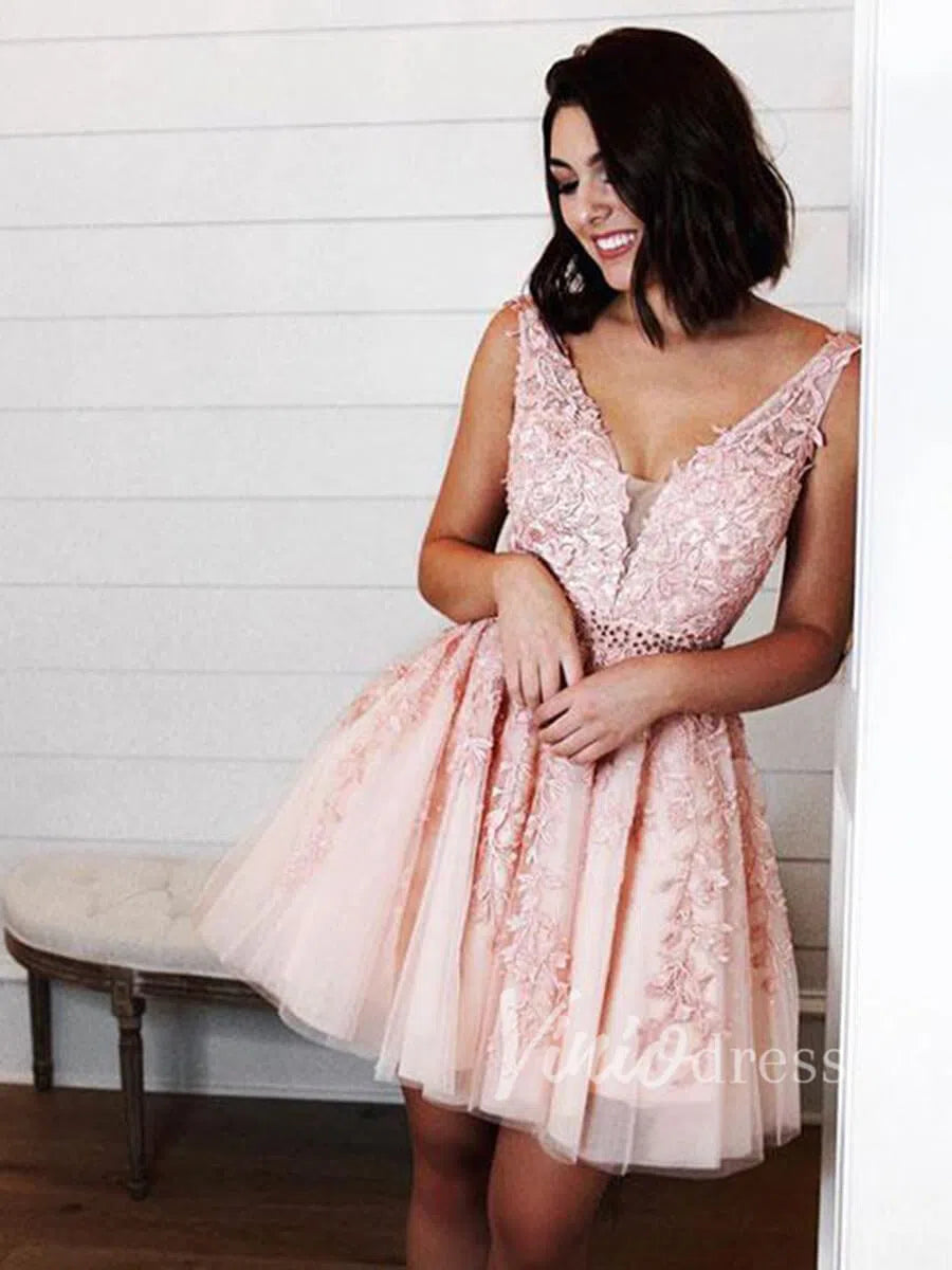 Short V Neck Blush Pink Lace Homecoming Dresses SD1177 Viniodress Short V Neck Blush Pink Lace Homecoming Dresses SD1177 Viniodress