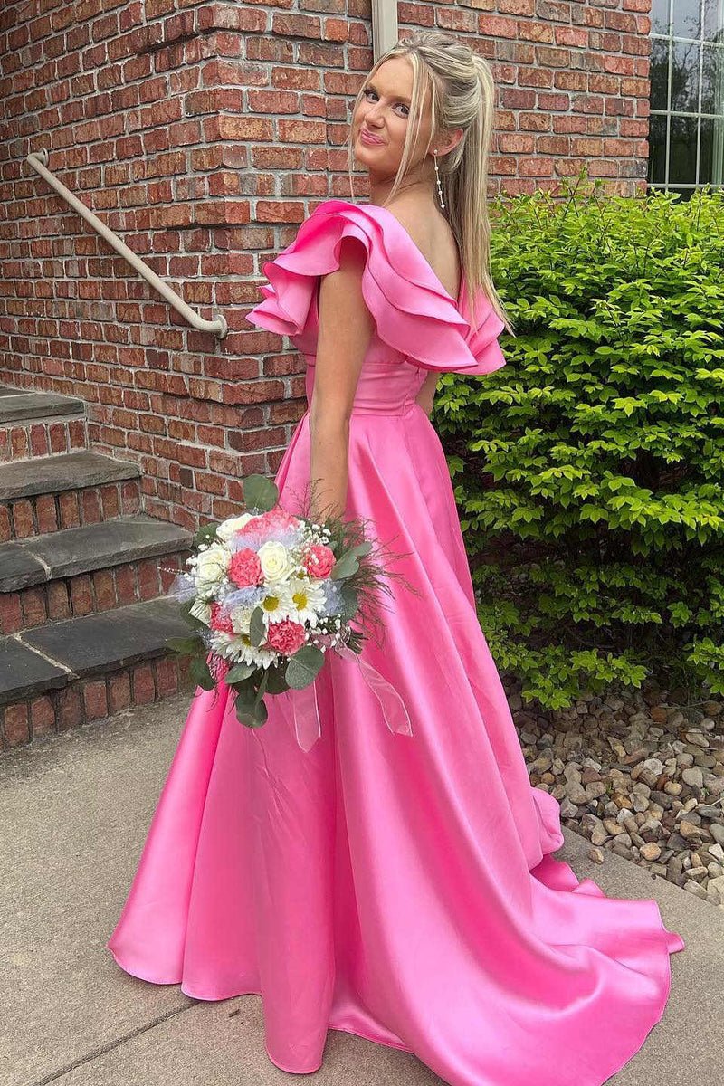 Silky Satin Prom Dresses Ruffled V-Neck Formal Dress with Slit FD3984-prom dresses 2025 -Viniodress-Pink-Custom Size-