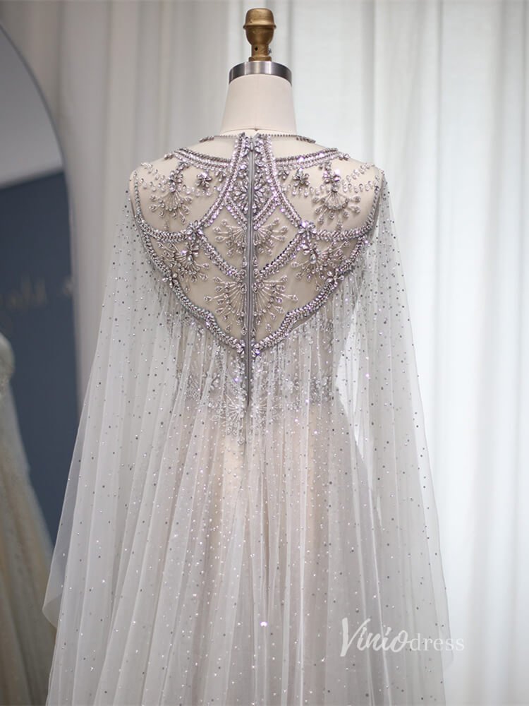 Silver Beaded A-line Prom Dresses Cape Sleeve FD2612-Evening Dresses 2025 -VINIODRESS-Silver-US2-