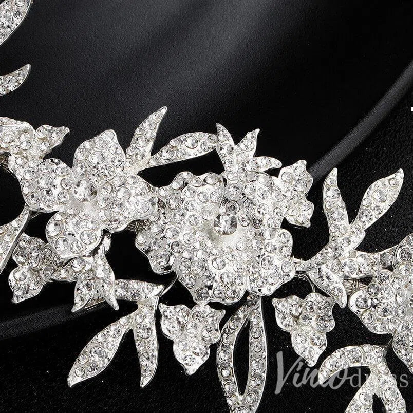 Silver Crystal Floral Bridal Sash with Ivory Ribbon ACC1144-Sashes & Belts 2025 -Viniodress-Silver-