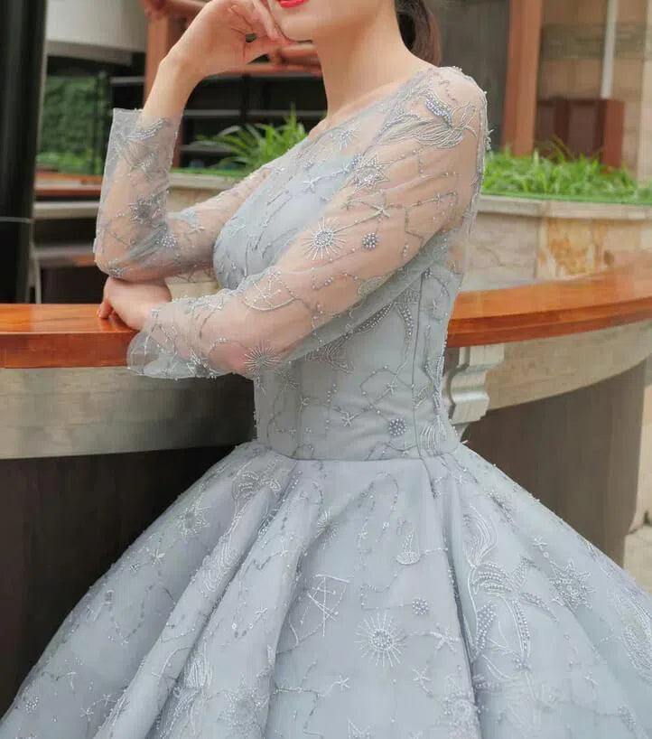 Silver Emboridered Long Sleeve Sweet 16 Dresses Ball Gown Quince Dress FD1742 viniodress-prom dresses 2025 -Viniodress-Silver-Custom Size-