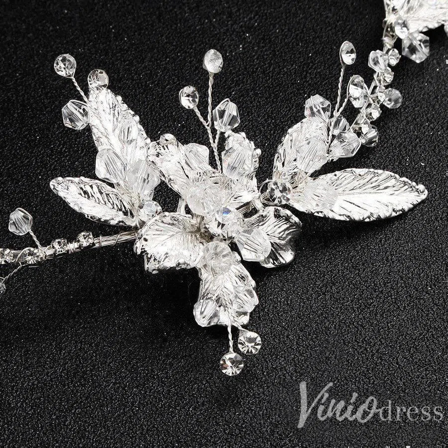 Silver Leaf Bridal Headband with Crystals AC1086-Headpieces 2025 -Viniodress-Silver-