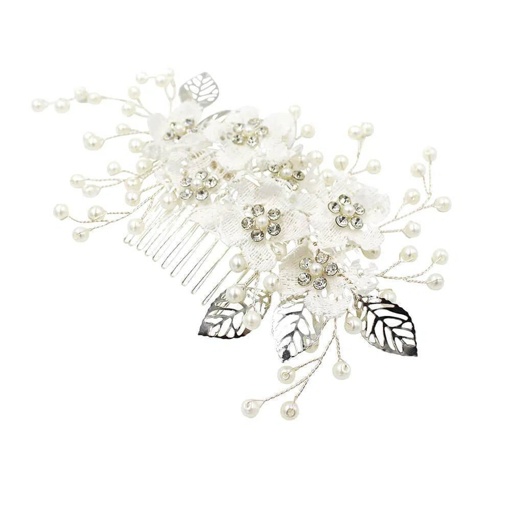 Silver Pearl Sprig Floral Bridal Comb ACC1133-Headpieces 2025 -Viniodress-Silver-