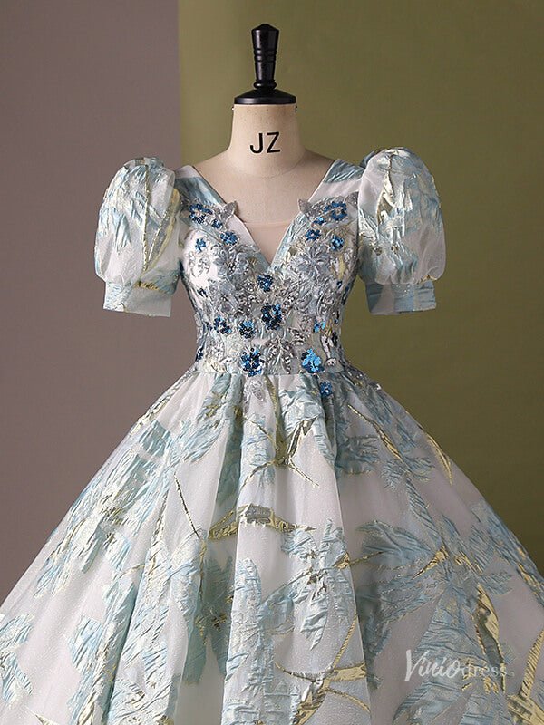 Silver Prom Ball Gown with Light Blue Floral Jacquard V-Neck Quinceanera Dresses BG061-prom dresses 2025 -Viniodress-Silver-Custom Size-