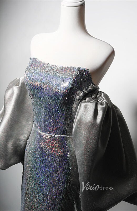 Silver Sequin Mermaid Prom Dresses Puffed Sleeve Evening Dress AD1205-prom dresses 2025 -Viniodress-Silver-Custom Size-
