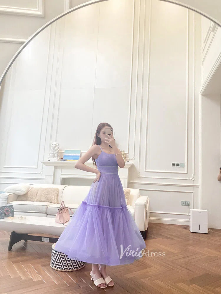 Simple A-Line Tea-Length Tulle Prom Dress | Spaghetti Strap Pleated Party Dress FD1816-prom dresses 2025 -Viniodress-Sage-Custom Size-