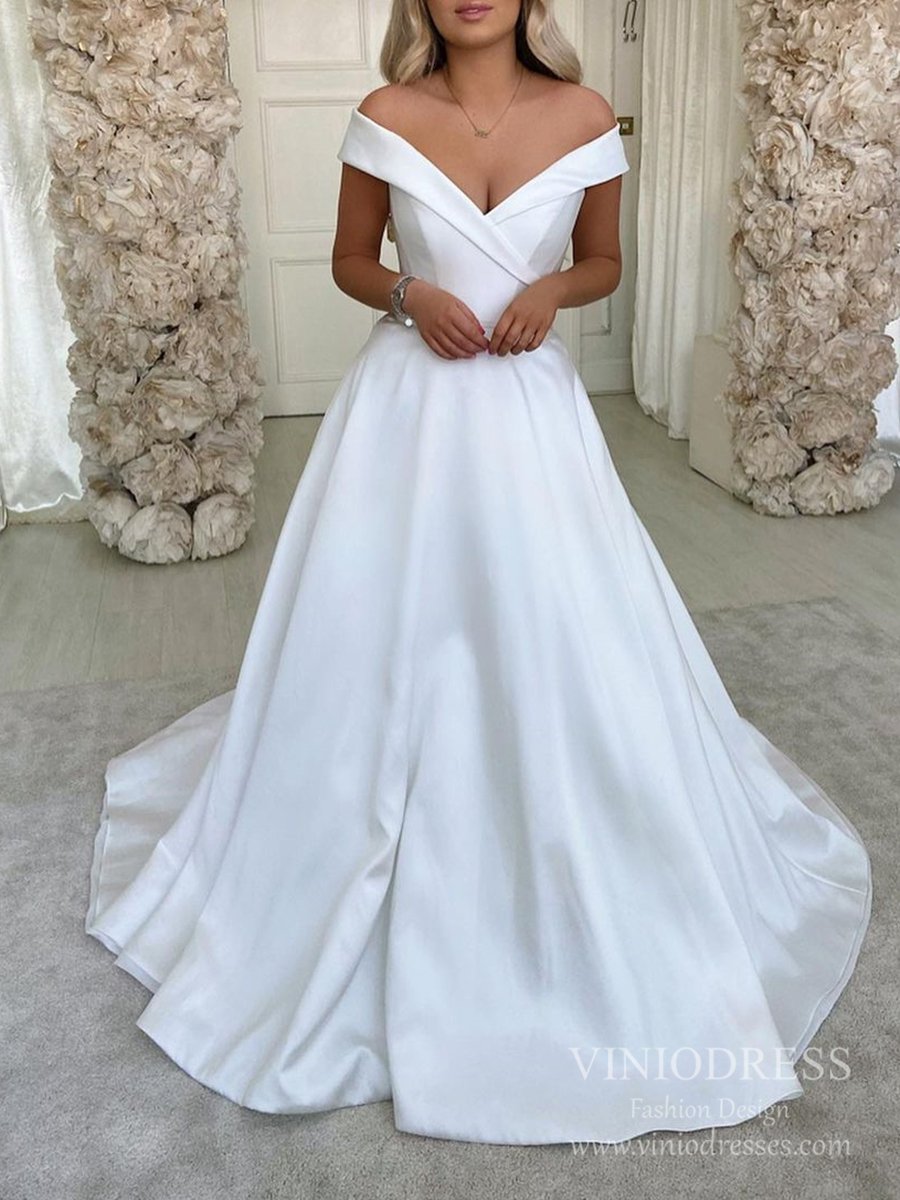 Simple A-line Wedding Dresses Off the Shoulder Satin Bridal Dress VW1553-wedding dresses 2025 -Viniodress-Ivory-Custom Size-