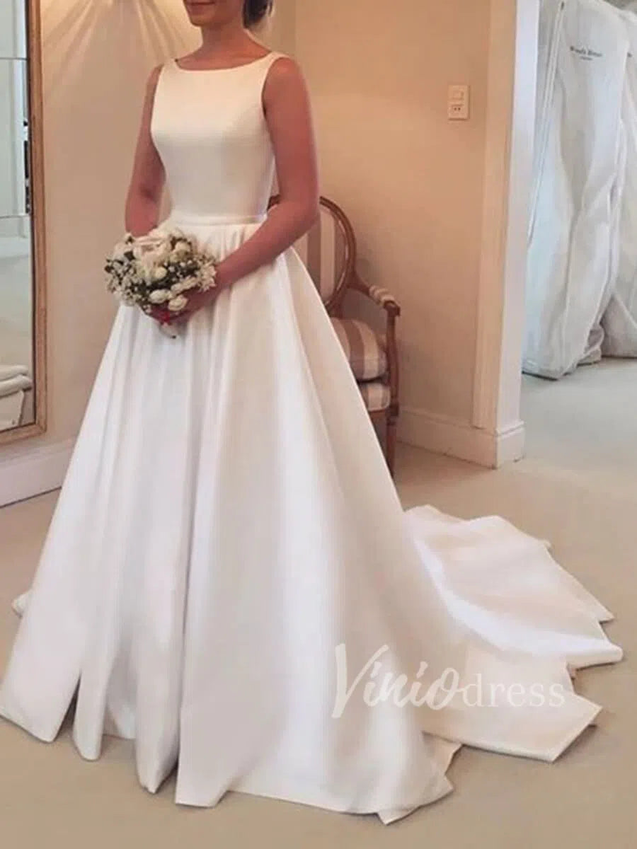 Simple Backless Satin Wedding Dresses Chapel Train VW1237 – Viniodress