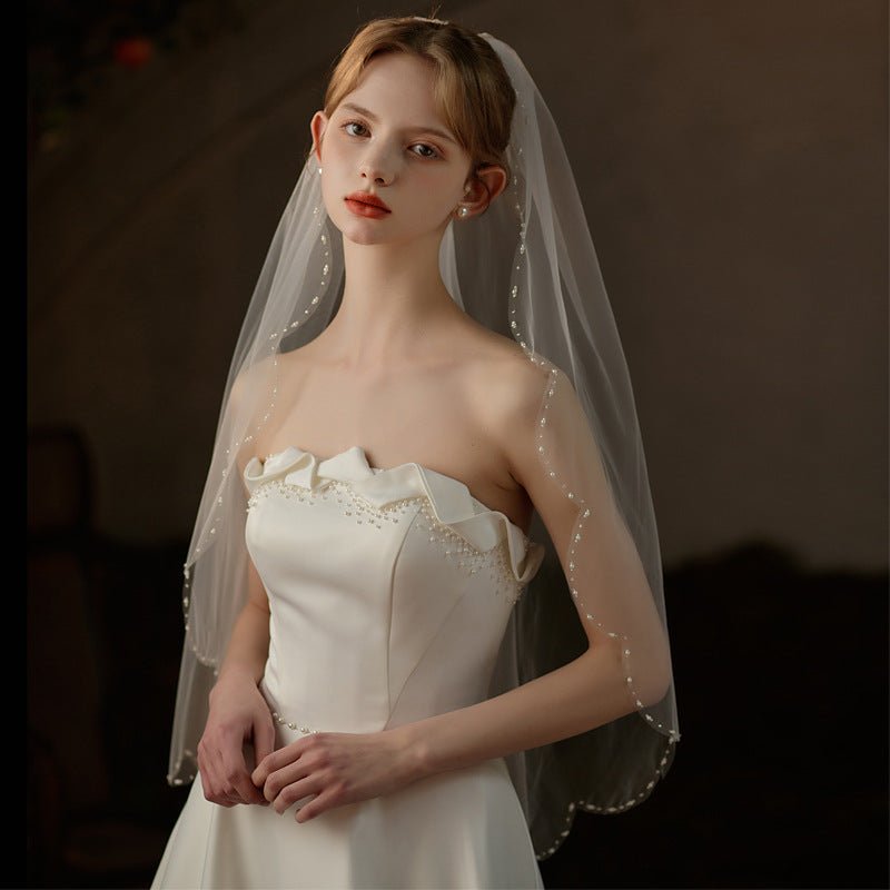 Simple Beaded Tulle Veil Hip Length viniodress V737-Bridal Veil 2025 -Viniodress-Ivory-90cm-