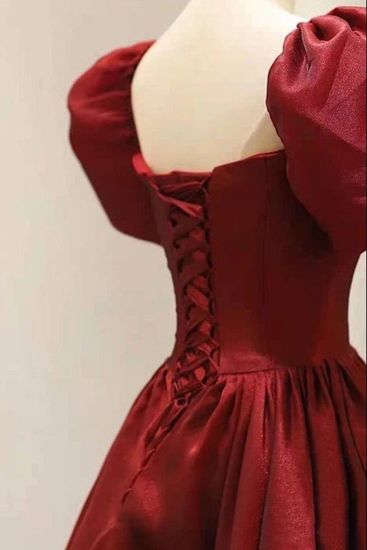 Simple Burgundy Prom Dress | Square Neck Tea-Length A-Line Gown with Puff Sleeves, Pockets & Corset Back FD1001-prom dresses 2025 -Viniodress-Burgundy-Custom Size-