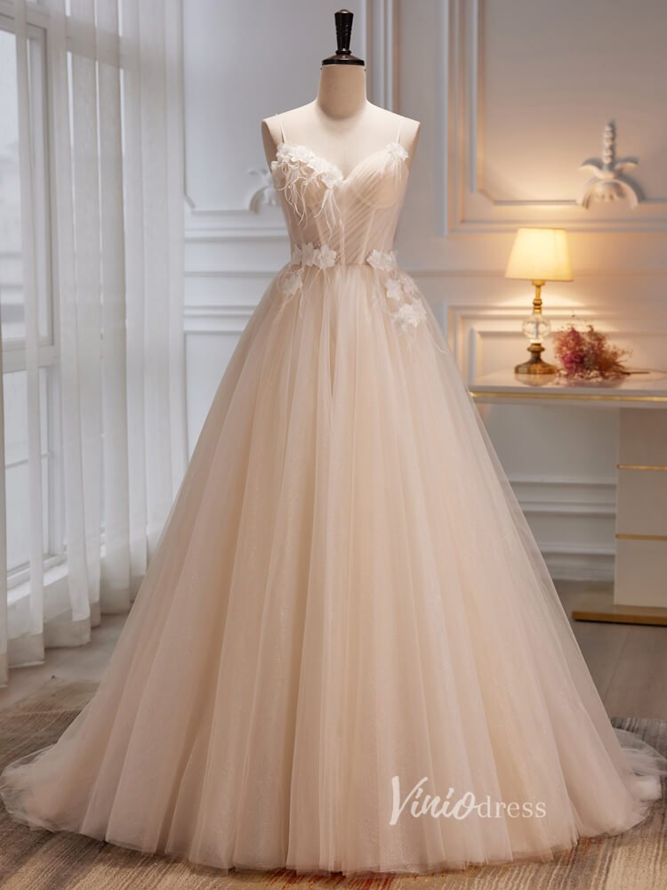 Simple Elegant Tulle Ball Gown Light Champagne Prom Dresses Spaghetti –  Viniodress