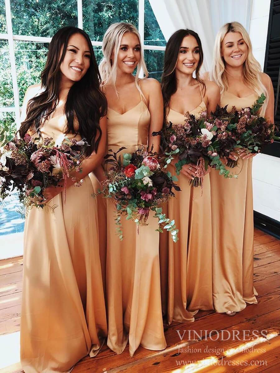 Simple Gold Long Bridesmaid Dresses Spaghetti Strap Wedding Party Dres –  Viniodress